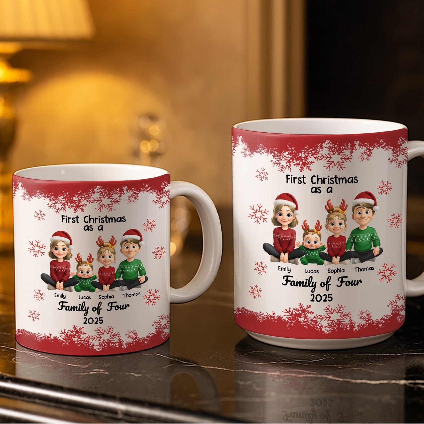 First Christmas As A Family Of Four With Snowflakes - Personalized Custom Coffee Mug - FAM774_MG