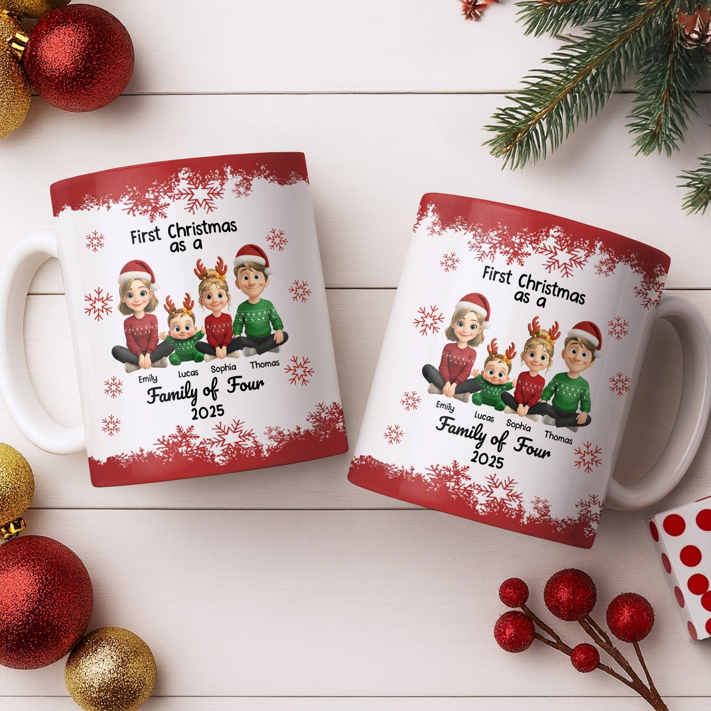First Christmas As A Family Of Four With Snowflakes - Personalized Custom Coffee Mug - FAM774_MG