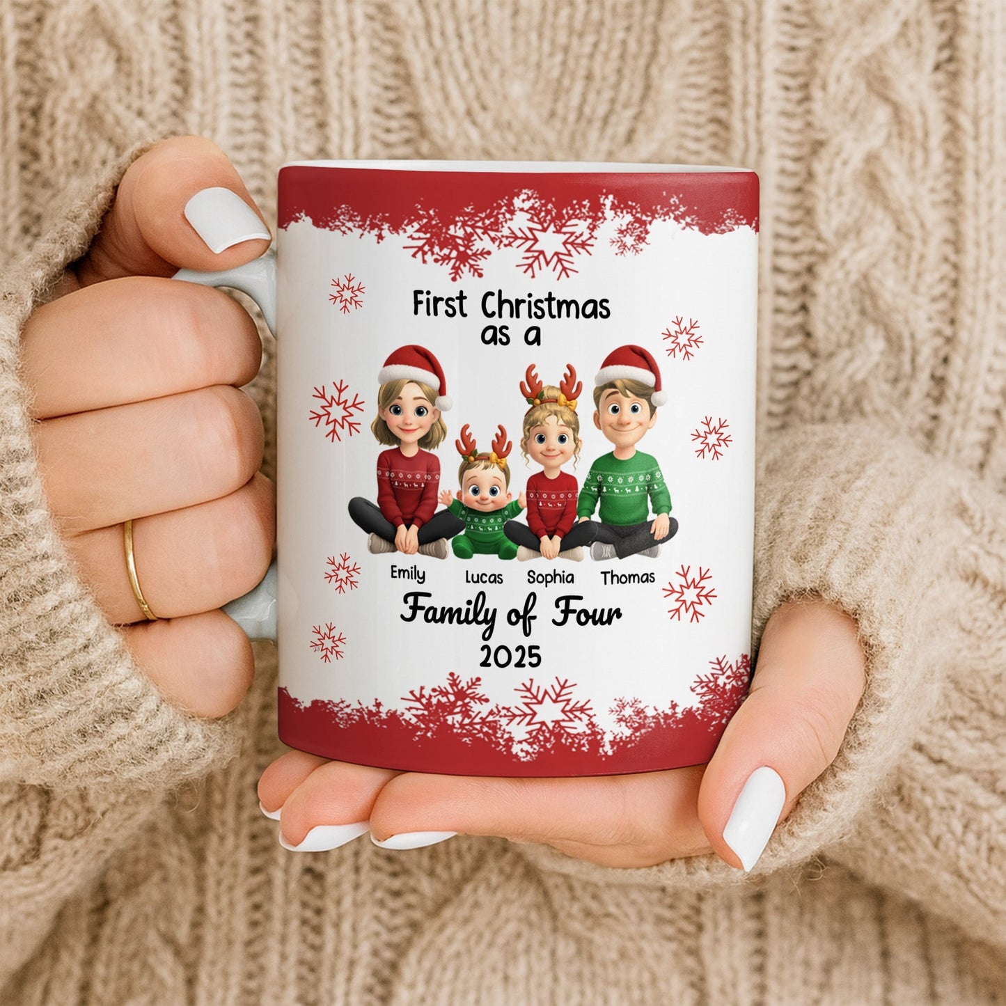 First Christmas As A Family Of Four With Snowflakes - Personalized Custom Coffee Mug - FAM774_MG