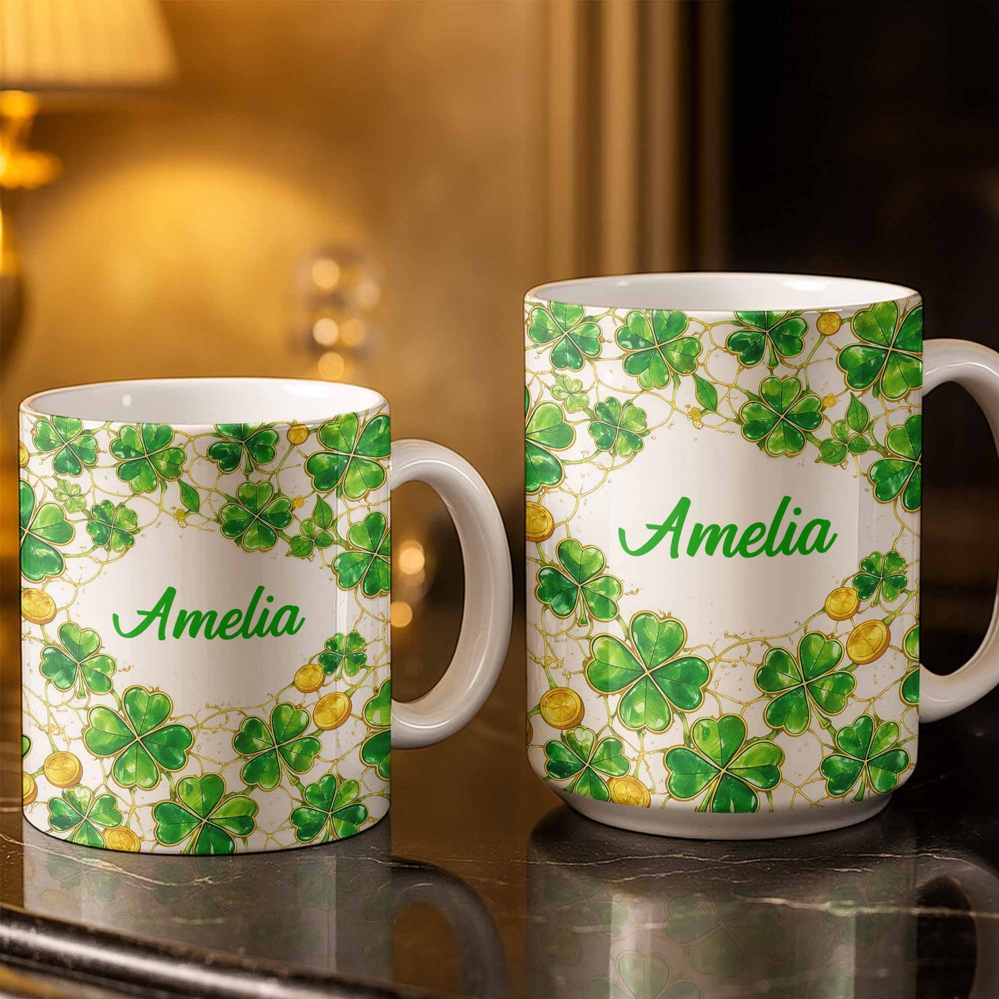 Amelia Shamrocks And Coins - Personalized Custom Coffee Mug - FAM801_MG