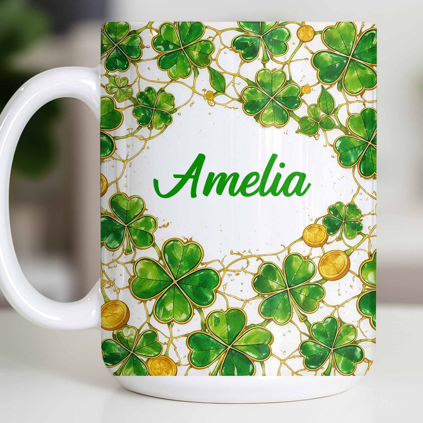 Amelia Shamrocks And Coins - Personalized Custom Coffee Mug - FAM801_MG