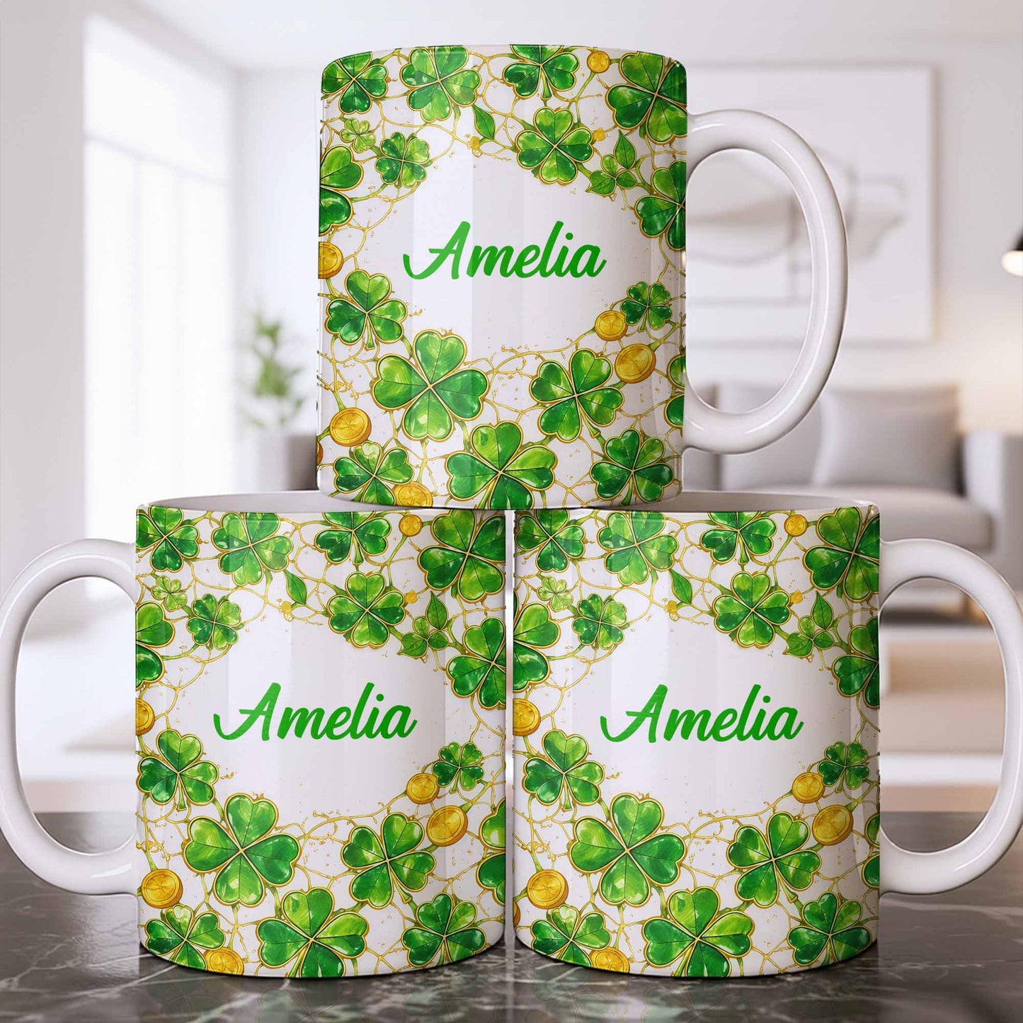 Amelia Shamrocks And Coins - Personalized Custom Coffee Mug - FAM801_MG