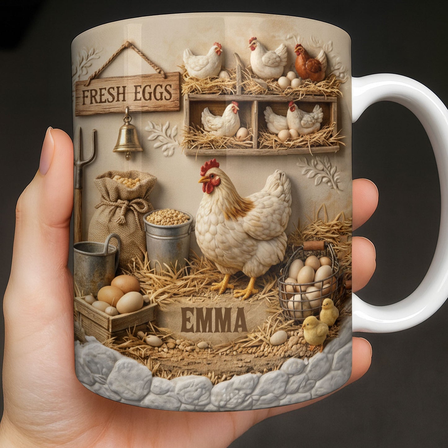 Fresh Eggs With Charming Chickens Design - Personalized Custom Coffee Mug - FARM020_MG