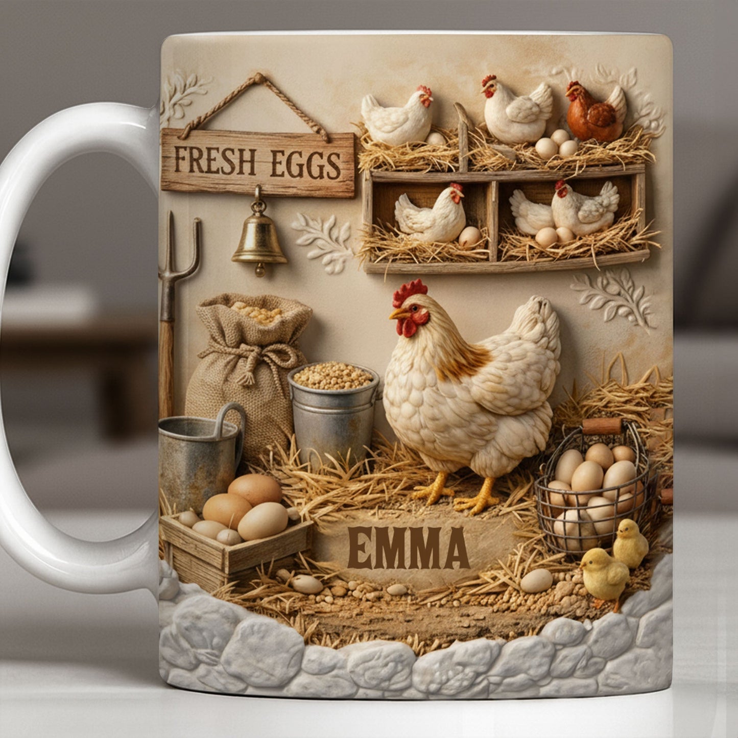Fresh Eggs With Charming Chickens Design - Personalized Custom Coffee Mug - FARM020_MG