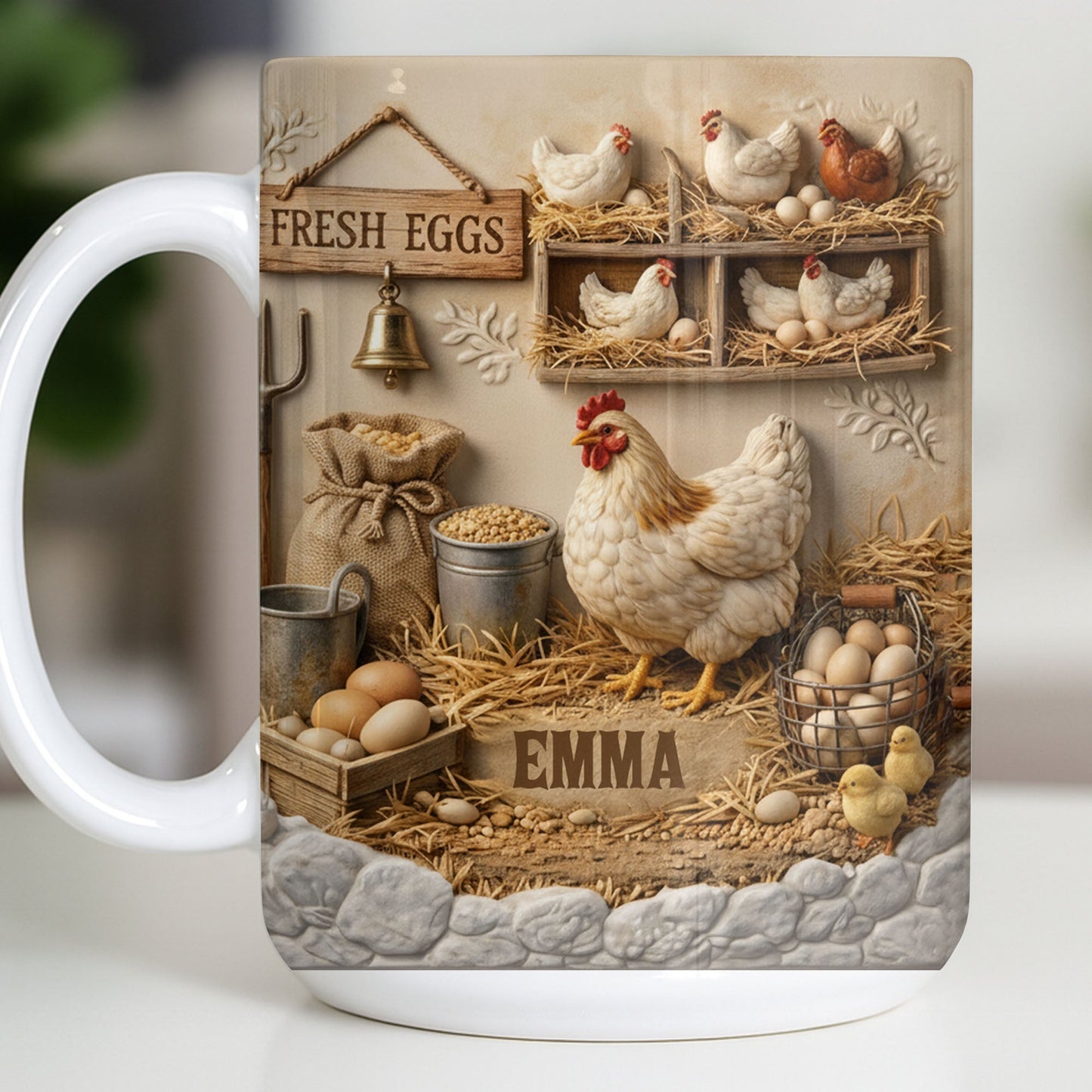 Fresh Eggs With Charming Chickens Design - Personalized Custom Coffee Mug - FARM020_MG