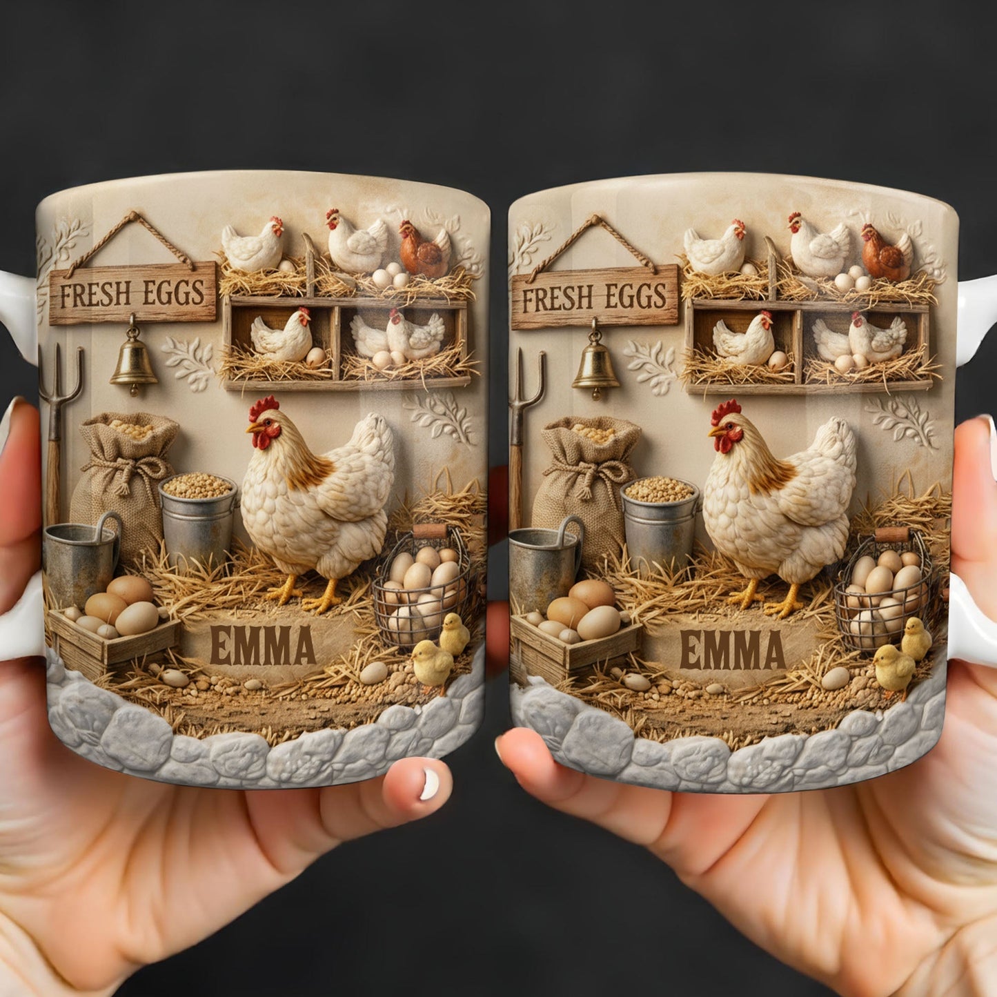 Fresh Eggs With Charming Chickens Design - Personalized Custom Coffee Mug - FARM020_MG