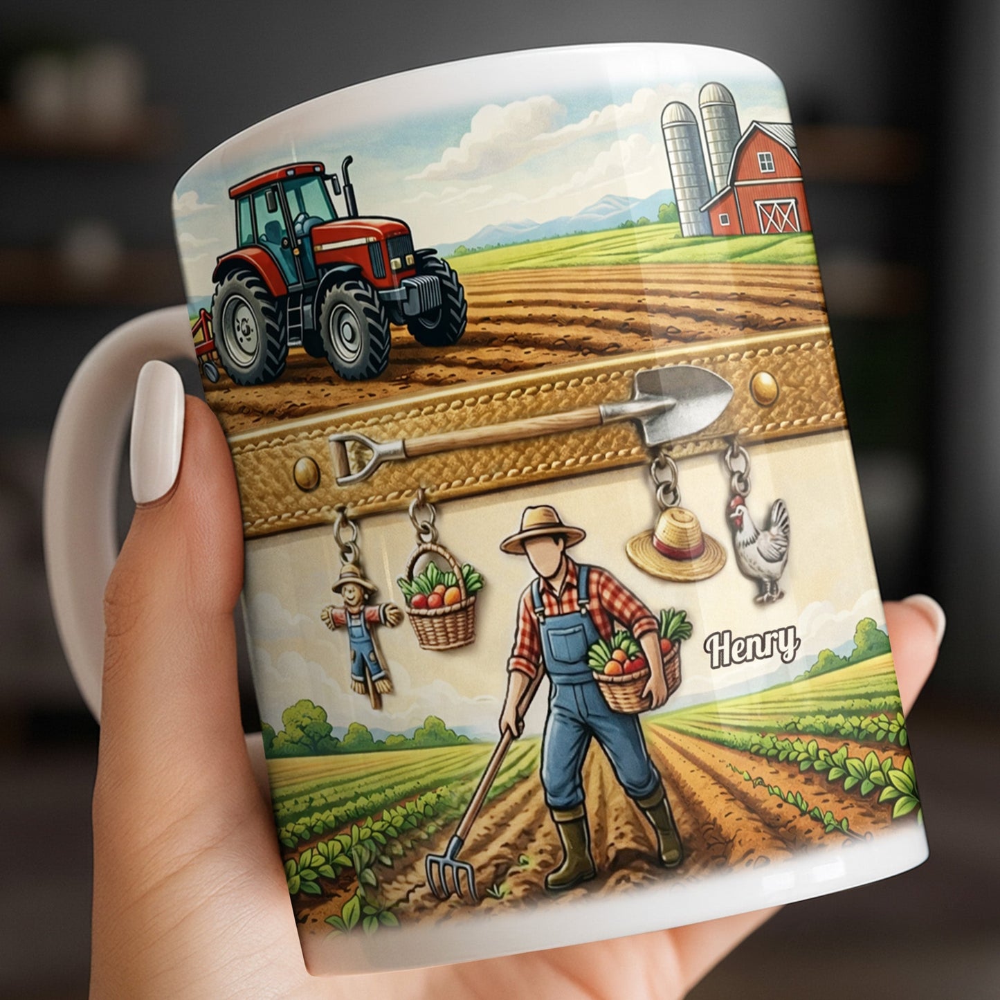 Idyllic Farm Scene With Tractor And Farmer - Personalized Custom Coffee Mug - FARM025_MG