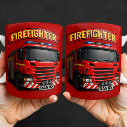 Firefighter Red Coffee Mug Featuring Personalized Fire Truck Design - Personalized Custom Coffee Mug - FIF006_MG