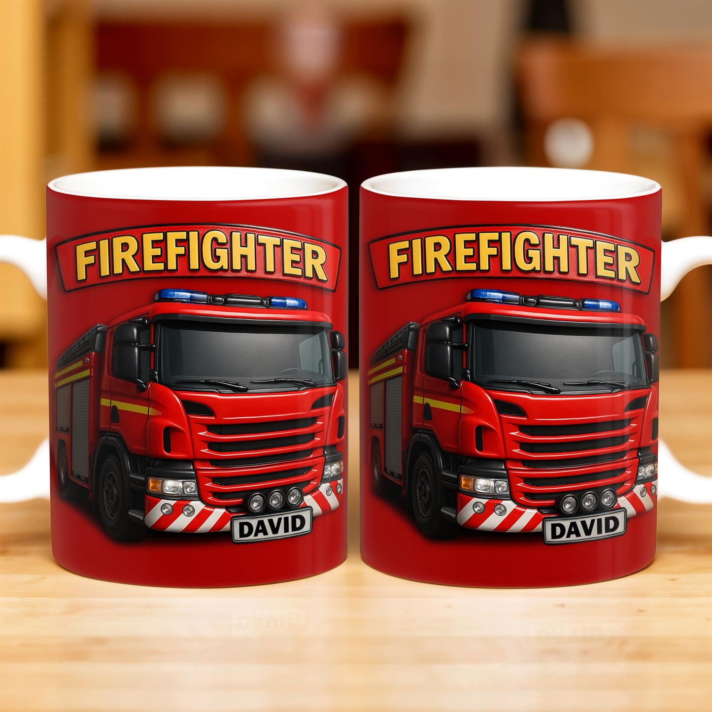 Firefighter Red Coffee Mug Featuring Personalized Fire Truck Design - Personalized Custom Coffee Mug - FIF006_MG