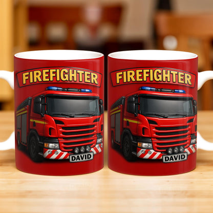 Firefighter Red Coffee Mug Featuring Personalized Fire Truck Design - Personalized Custom Coffee Mug - FIF006_MG