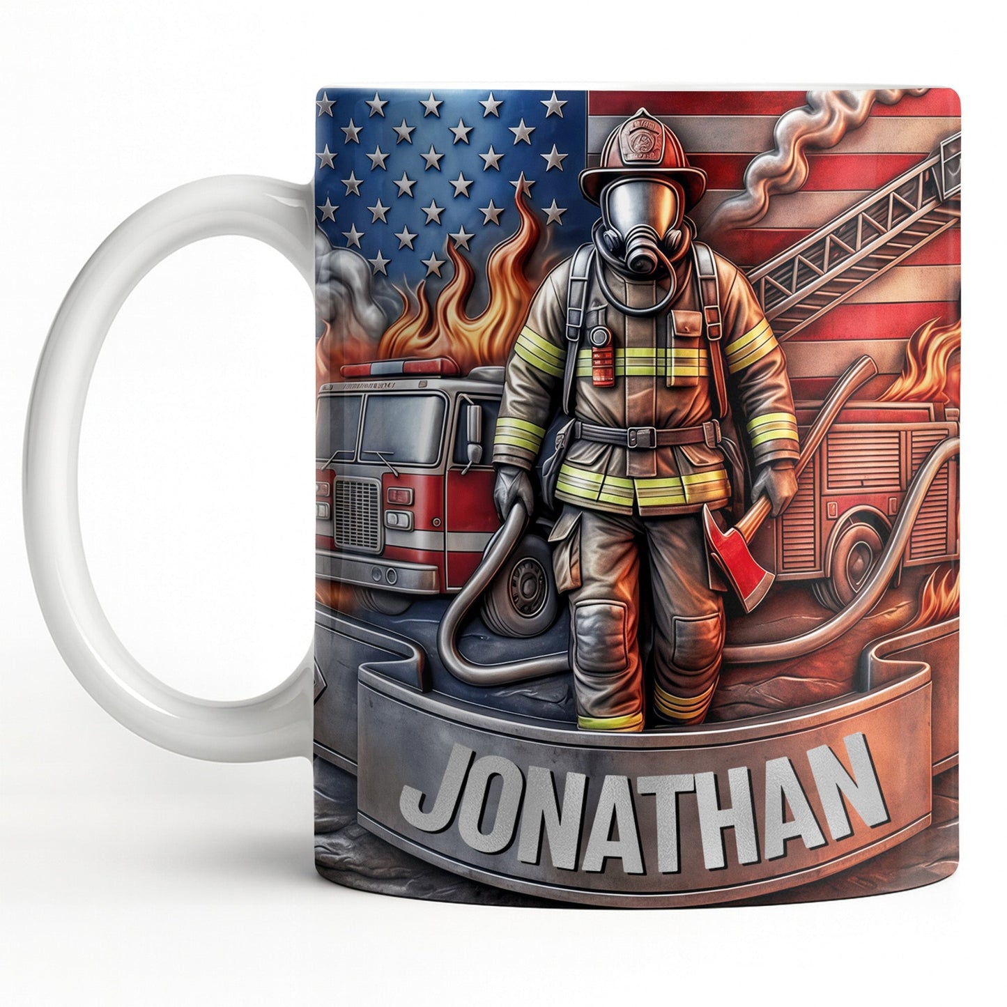 Customizable Firefighter With Fire Truck and American Flag - Personalized Custom Coffee Mug - FIF056_MG