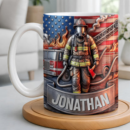 Customizable Firefighter With Fire Truck and American Flag - Personalized Custom Coffee Mug - FIF056_MG