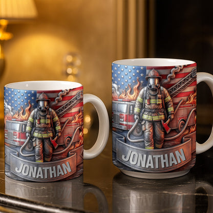 Customizable Firefighter With Fire Truck and American Flag - Personalized Custom Coffee Mug - FIF056_MG