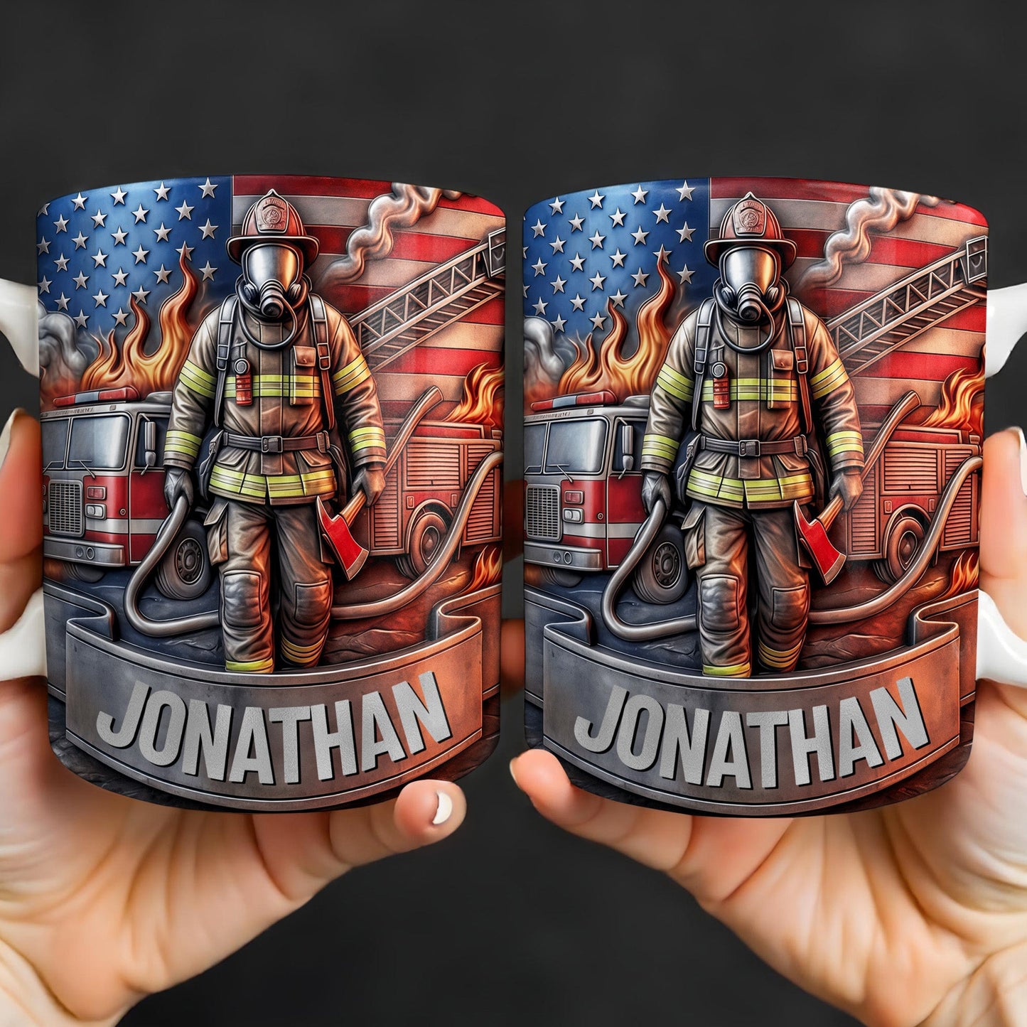 Customizable Firefighter With Fire Truck and American Flag - Personalized Custom Coffee Mug - FIF056_MG