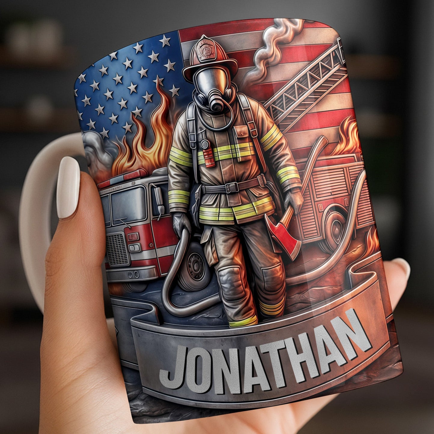 Customizable Firefighter With Fire Truck and American Flag - Personalized Custom Coffee Mug - FIF056_MG