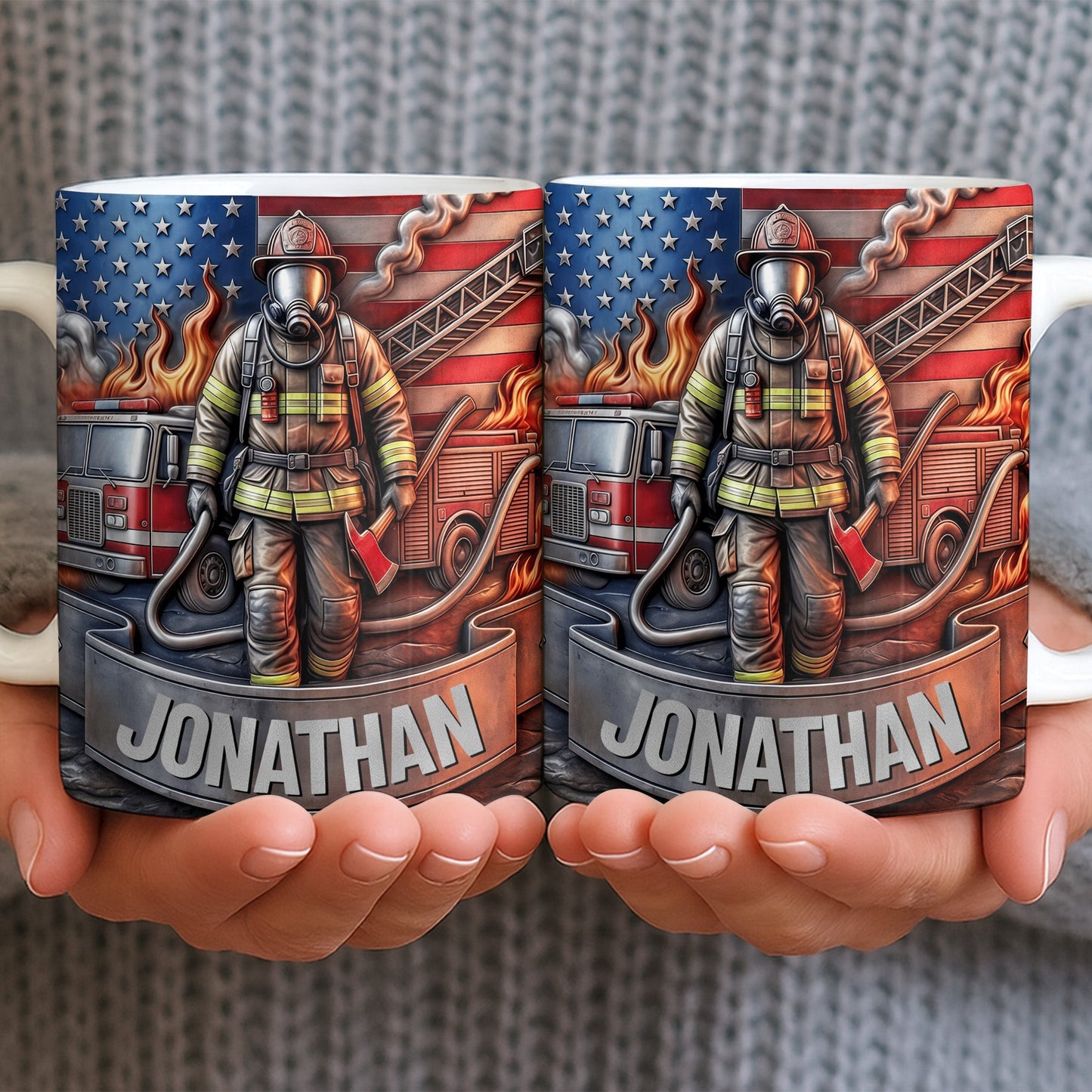 Customizable Firefighter With Fire Truck and American Flag - Personalized Custom Coffee Mug - FIF056_MG
