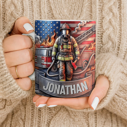 Customizable Firefighter With Fire Truck and American Flag - Personalized Custom Coffee Mug - FIF056_MG