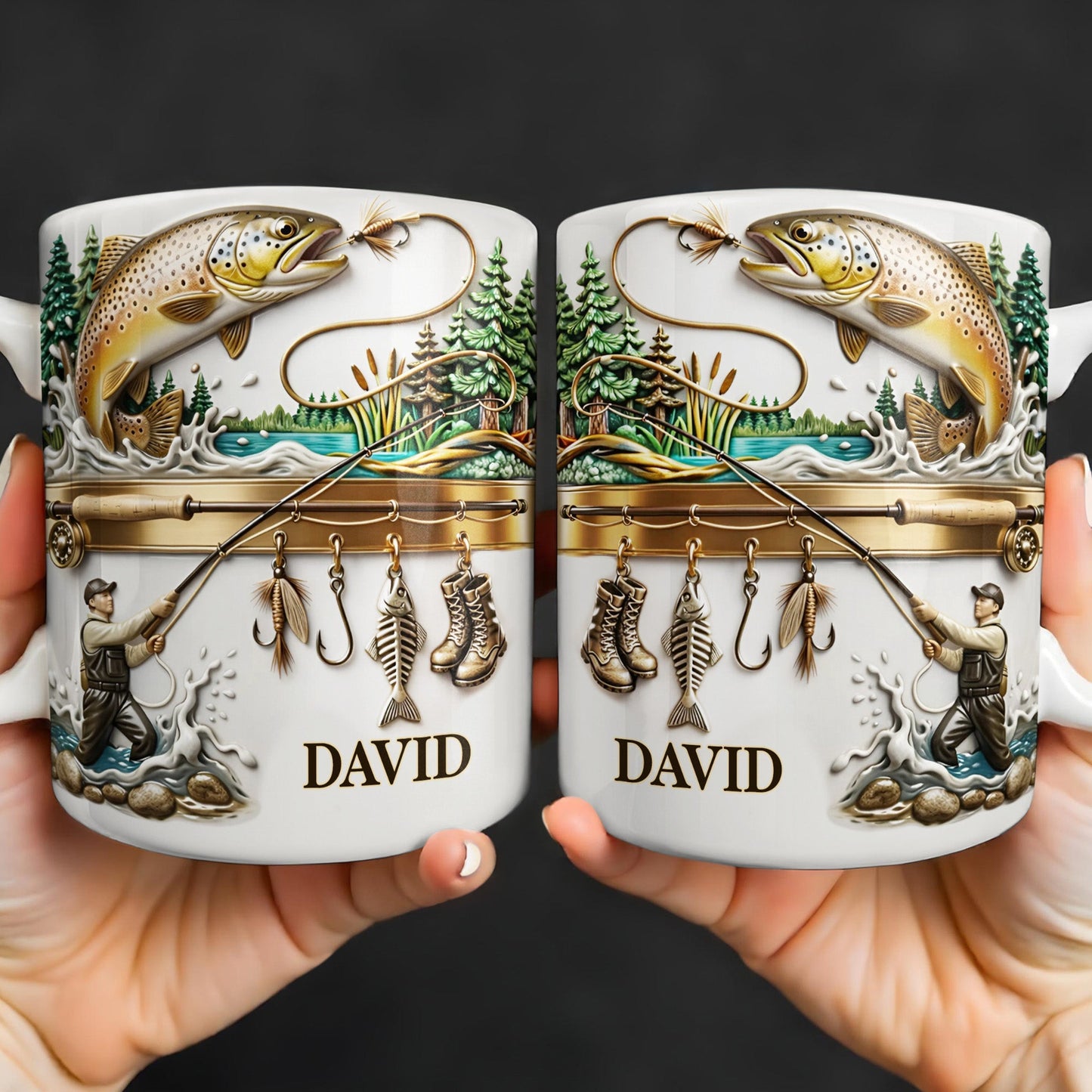 Personalized Gift For Fishing Enthusiasts With Fisherman And Lures - Personalized Custom Coffee Mug - FISH021_MG
