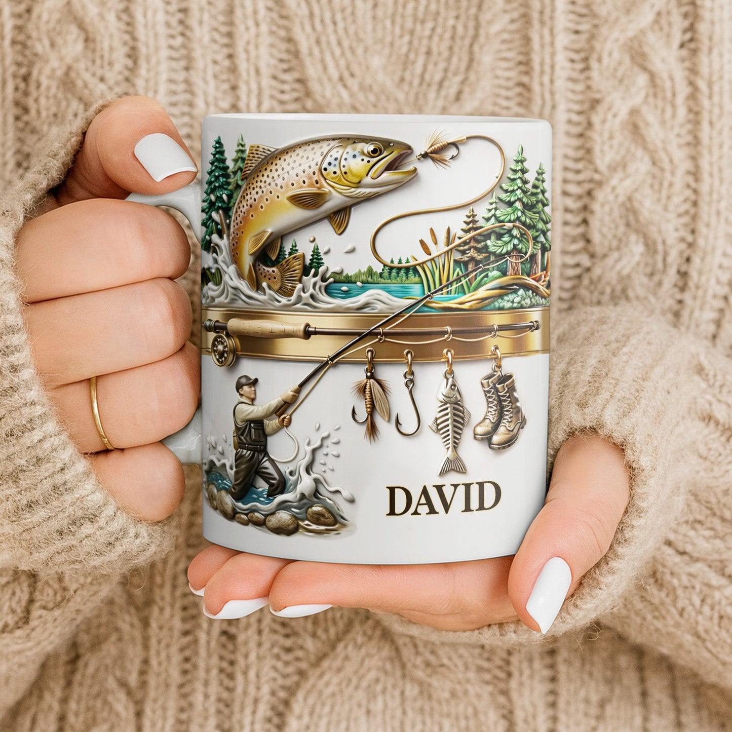 Personalized Gift For Fishing Enthusiasts With Fisherman And Lures - Personalized Custom Coffee Mug - FISH021_MG