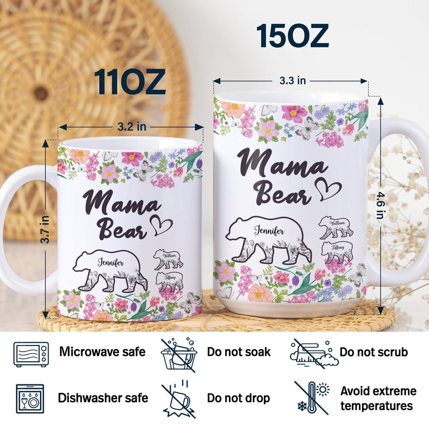 Floral Mama Bear - Gift For Mother - Personalized White Edge-to-Edge Mug