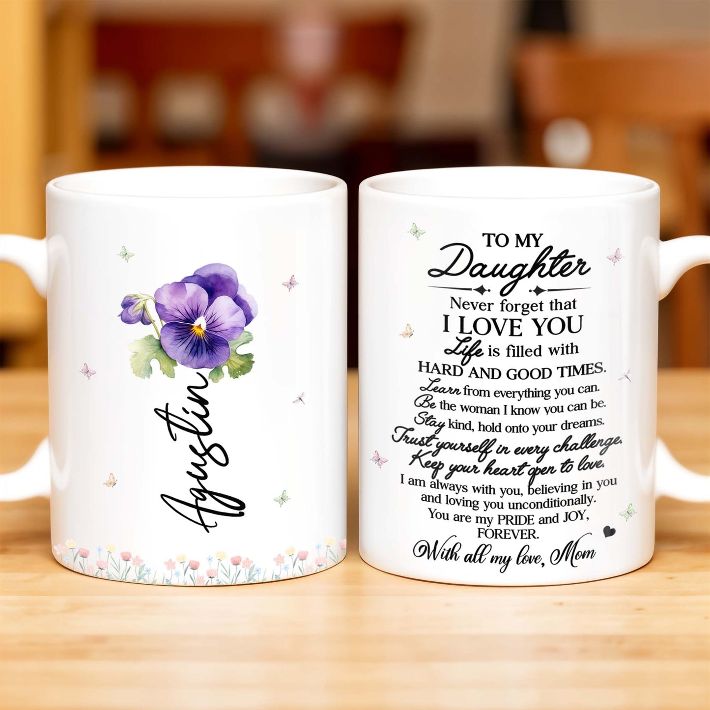 To My Daughter with Pansy Flower and Butterflies - Personalized Custom Coffee Mug - FM006_MG