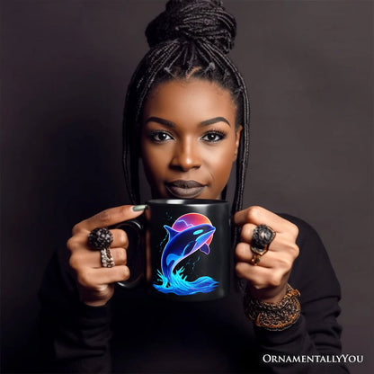 Orca Neon Synthwave Retro Personalized Mug, Vaporwave Sunset Ocean Gift with Custom Name