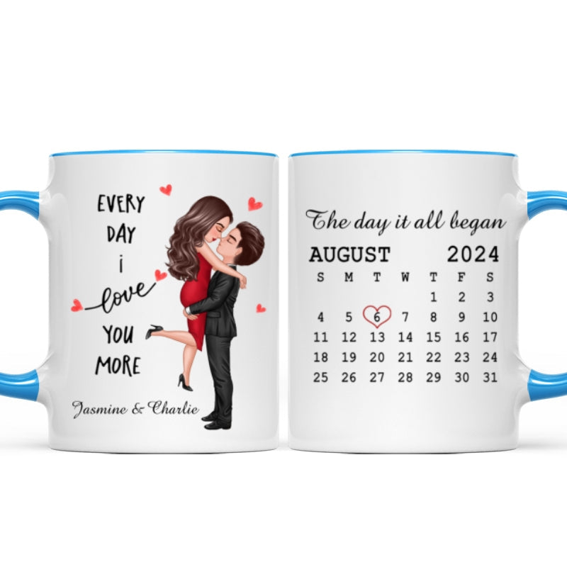 Everyday I Love You More Couple Hugging Kissing Calendar Keepsake Gift Personalized Mug