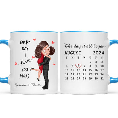 Everyday I Love You More Couple Hugging Kissing Calendar Keepsake Gift Personalized Mug