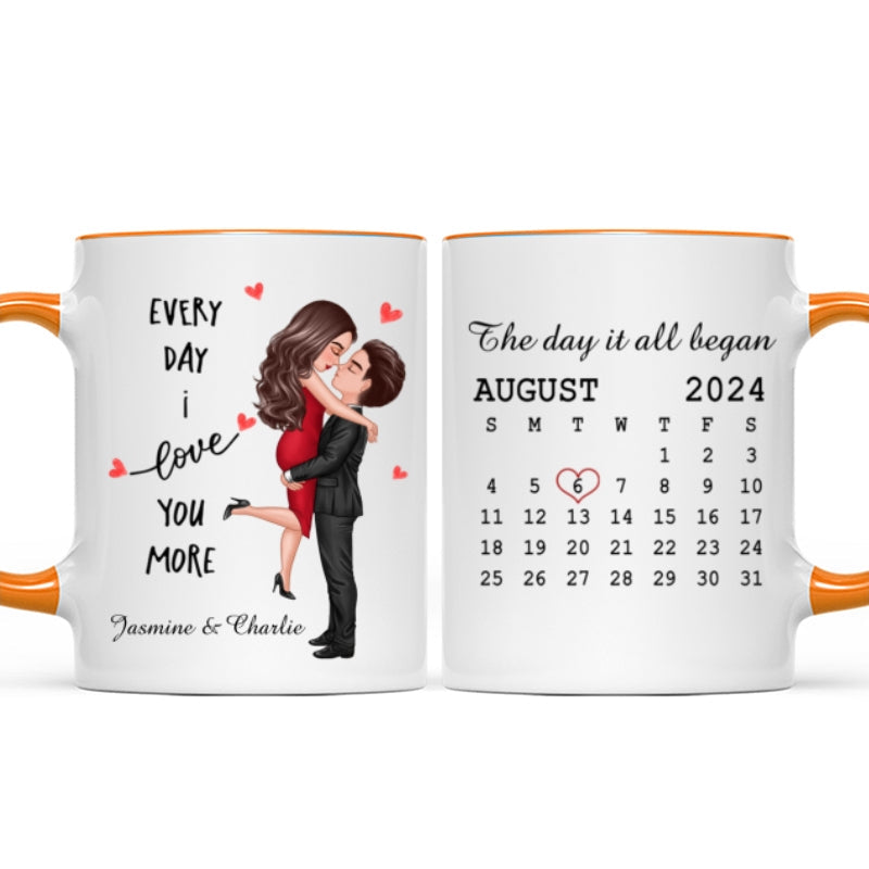 Everyday I Love You More Couple Hugging Kissing Calendar Keepsake Gift Personalized Mug