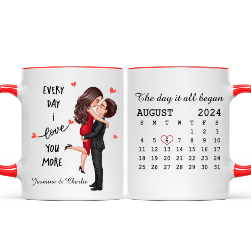 Everyday I Love You More Couple Hugging Kissing Calendar Keepsake Gift Personalized Mug