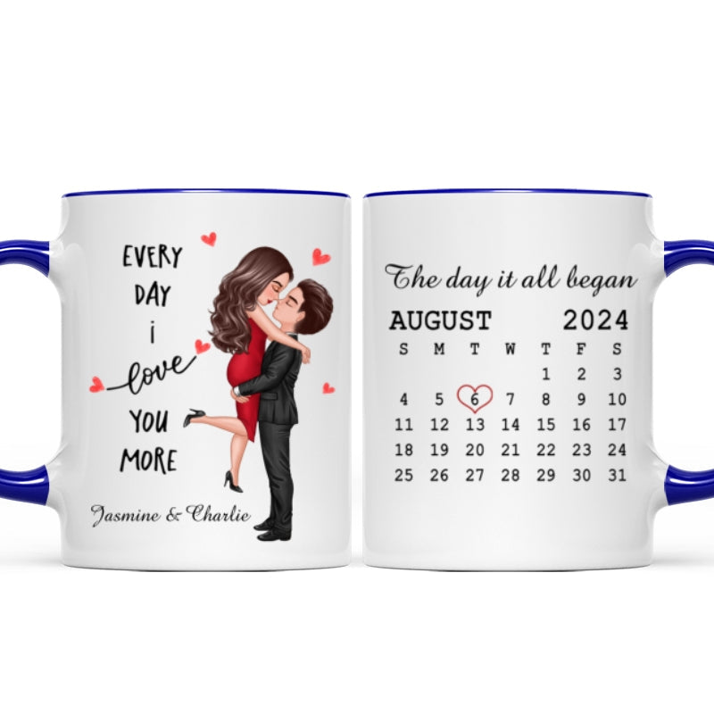 Everyday I Love You More Couple Hugging Kissing Calendar Keepsake Gift Personalized Mug