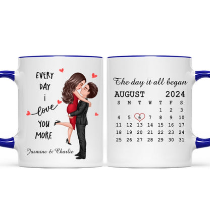 Everyday I Love You More Couple Hugging Kissing Calendar Keepsake Gift Personalized Mug