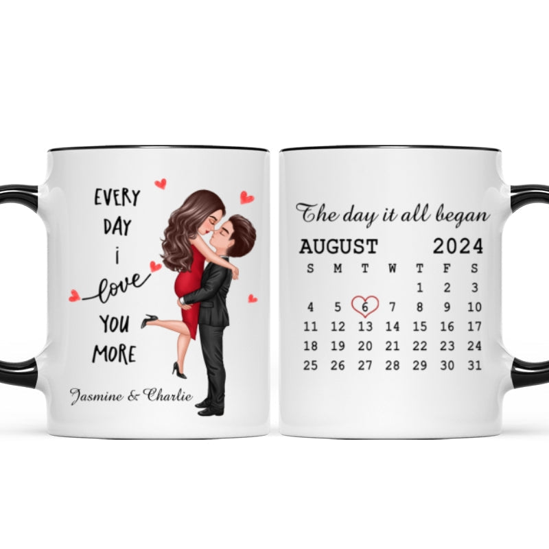 Everyday I Love You More Couple Hugging Kissing Calendar Keepsake Gift Personalized Mug