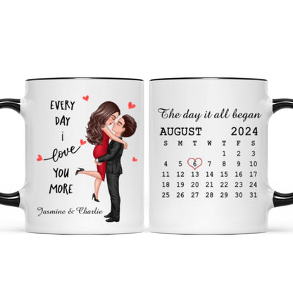 Everyday I Love You More Couple Hugging Kissing Calendar Keepsake Gift Personalized Mug