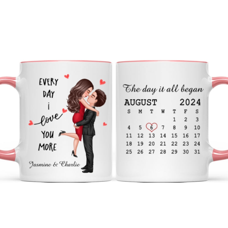 Everyday I Love You More Couple Hugging Kissing Calendar Keepsake Gift Personalized Mug