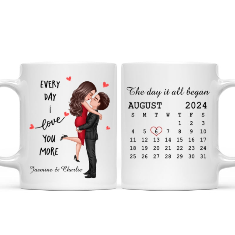 Everyday I Love You More Couple Hugging Kissing Calendar Keepsake Gift Personalized Mug