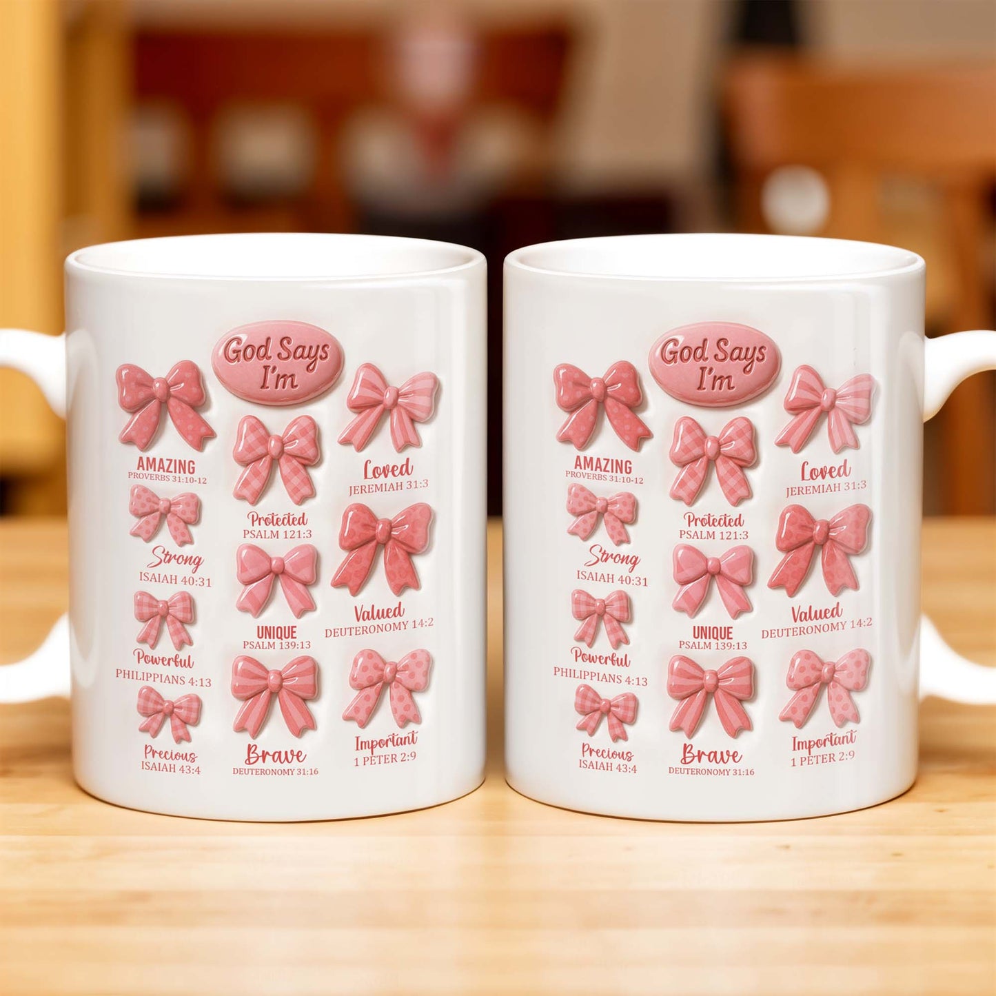 God Says I'm Loved, Unique, Strong, Protected, Bows and Religious Verses - Personalized Custom Coffee Mug - FTH034_MG