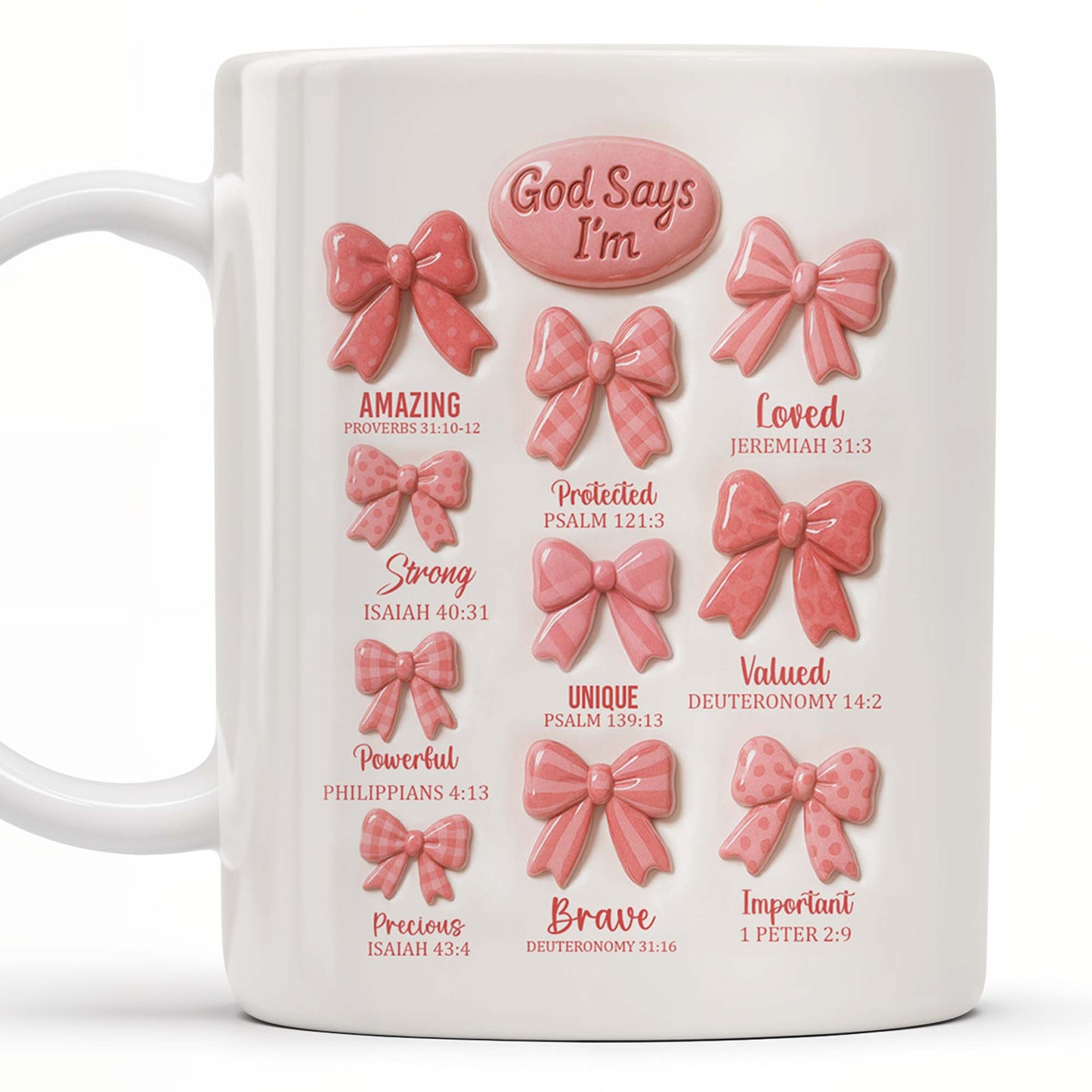 God Says I'm Loved, Unique, Strong, Protected, Bows and Religious Verses - Personalized Custom Coffee Mug - FTH034_MG