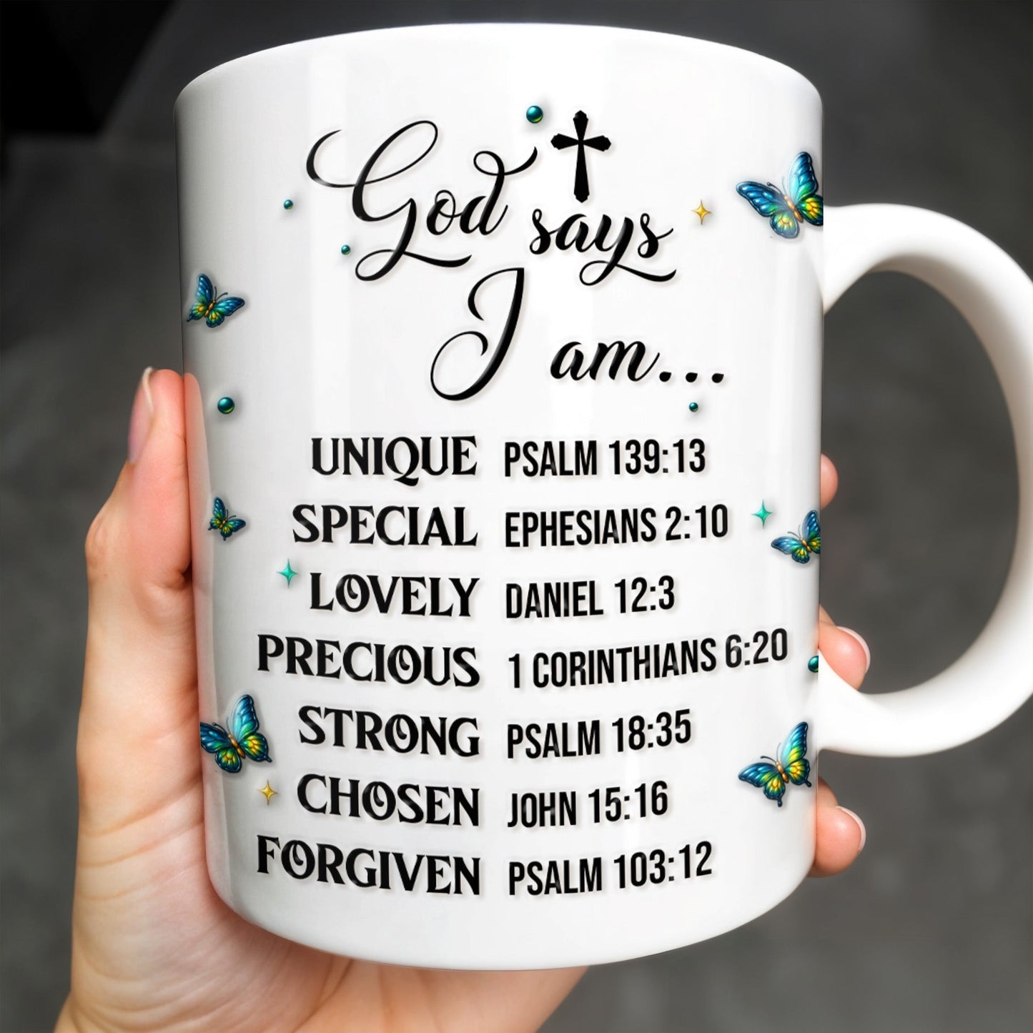 God Says I Am UNIQUE, SPECIAL, LOVELY, Angel Wing and Butterflies - Personalized Custom Coffee Mug - FTH048_MG