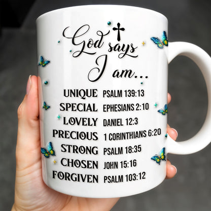 God Says I Am UNIQUE, SPECIAL, LOVELY, Angel Wing and Butterflies - Personalized Custom Coffee Mug - FTH048_MG