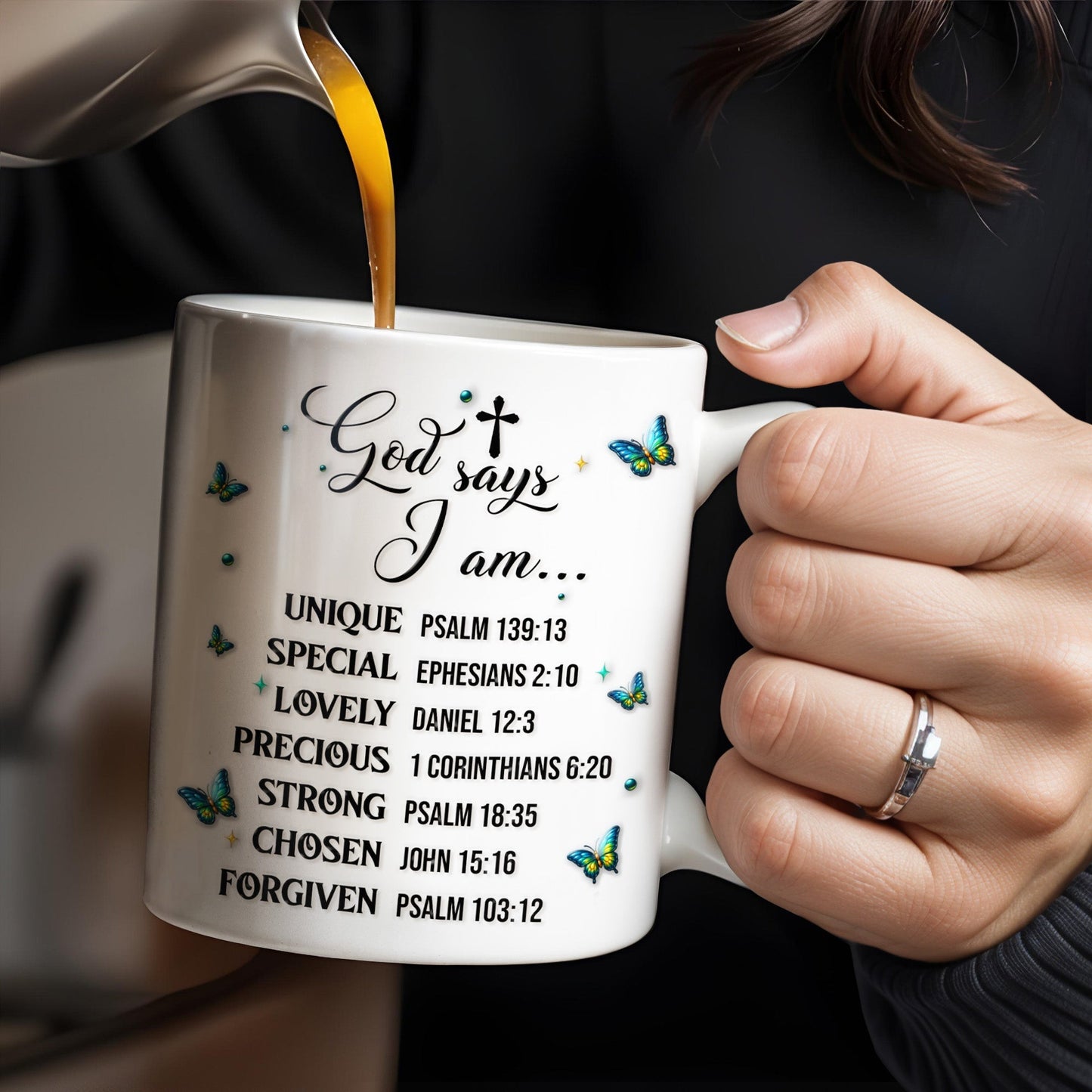 God Says I Am UNIQUE, SPECIAL, LOVELY, Angel Wing and Butterflies - Personalized Custom Coffee Mug - FTH048_MG