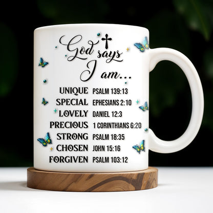 God Says I Am UNIQUE, SPECIAL, LOVELY, Angel Wing and Butterflies - Personalized Custom Coffee Mug - FTH048_MG