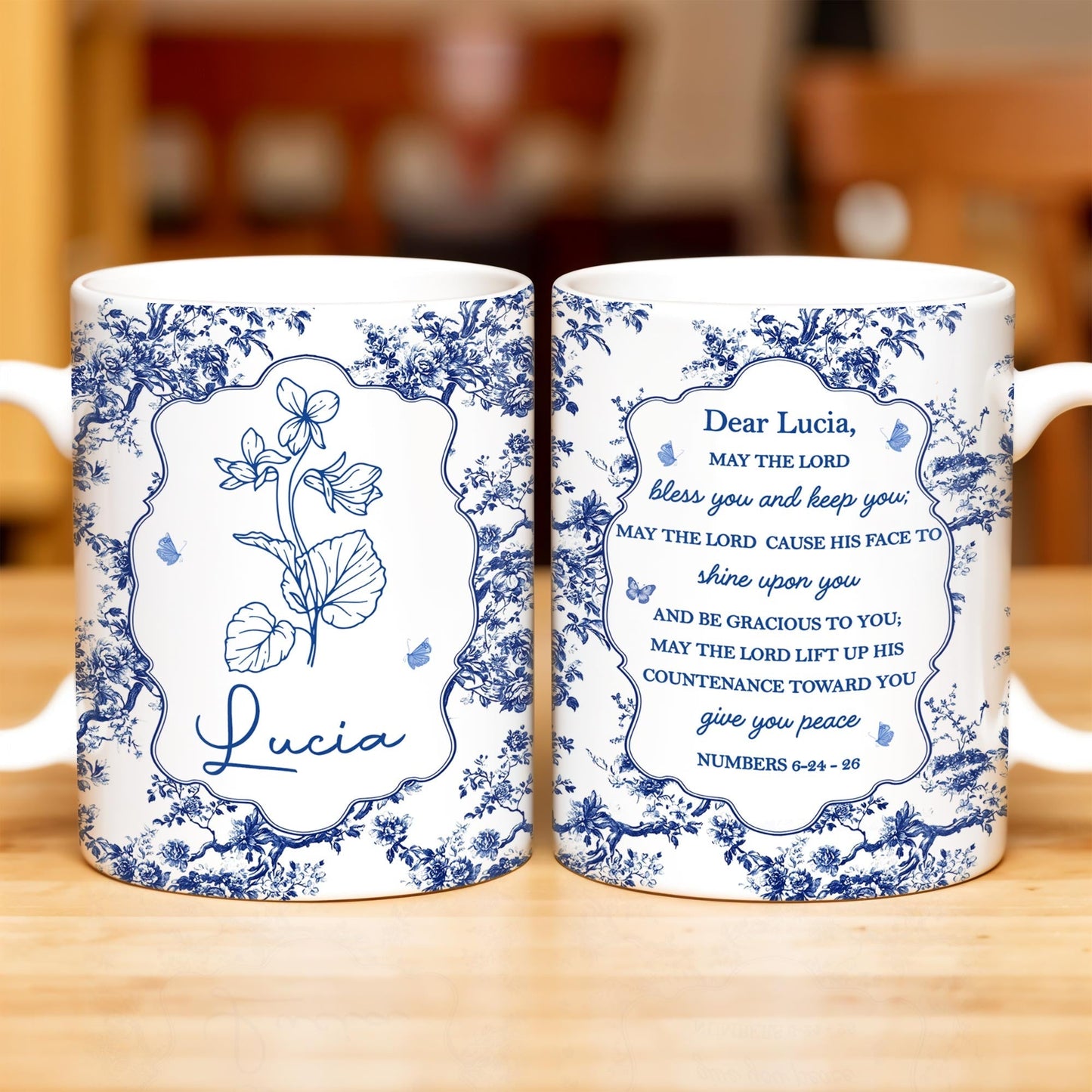 Dear Lucia, May The Lord Bless You And Keep You, Flowers And Religious Text - Personalized Custom Coffee Mug - FTH056_MG