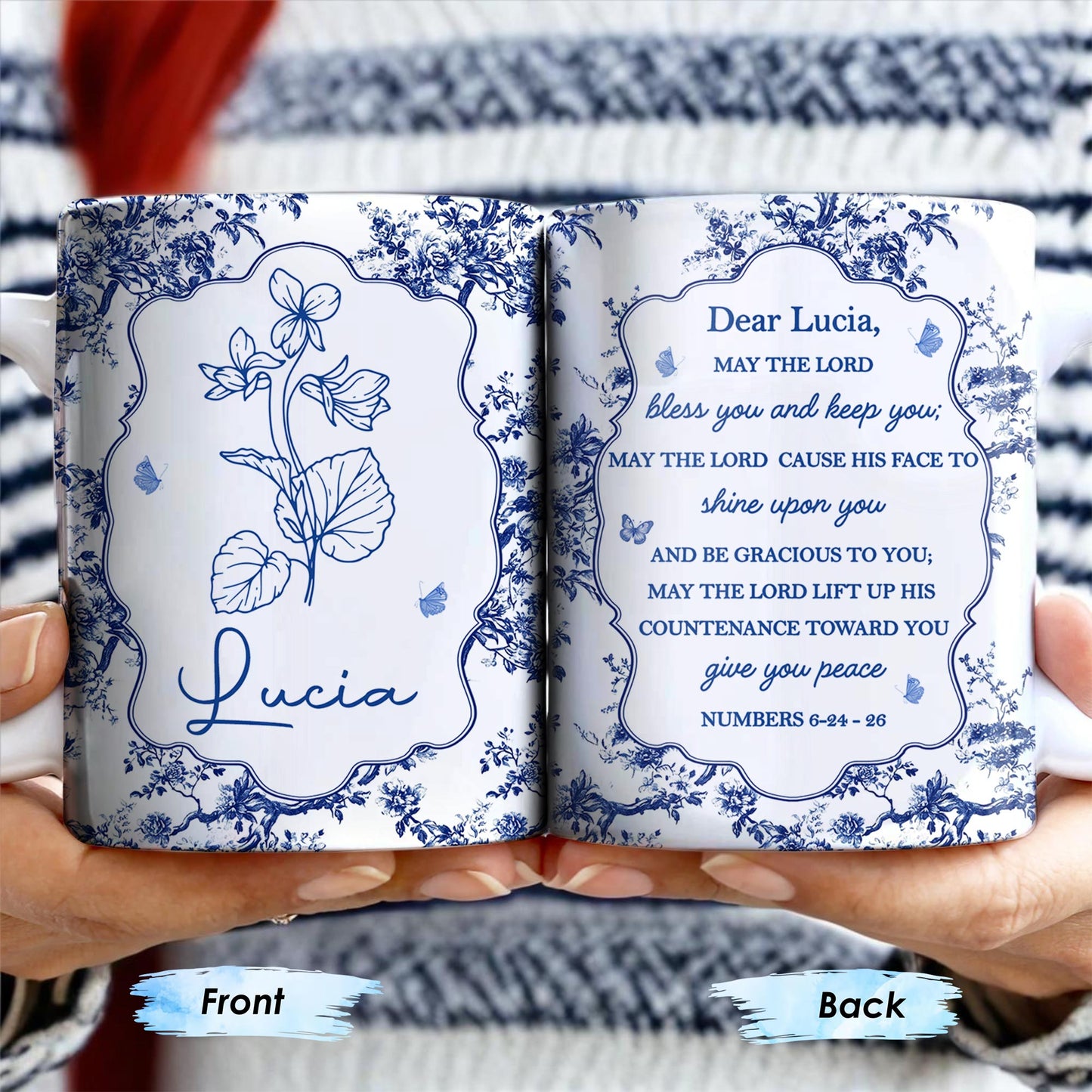 Dear Lucia, May The Lord Bless You And Keep You, Flowers And Religious Text - Personalized Custom Coffee Mug - FTH056_MG