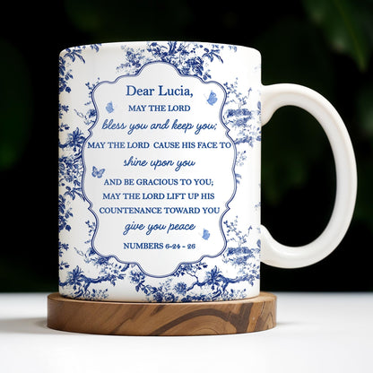 Dear Lucia, May The Lord Bless You And Keep You, Flowers And Religious Text - Personalized Custom Coffee Mug - FTH056_MG