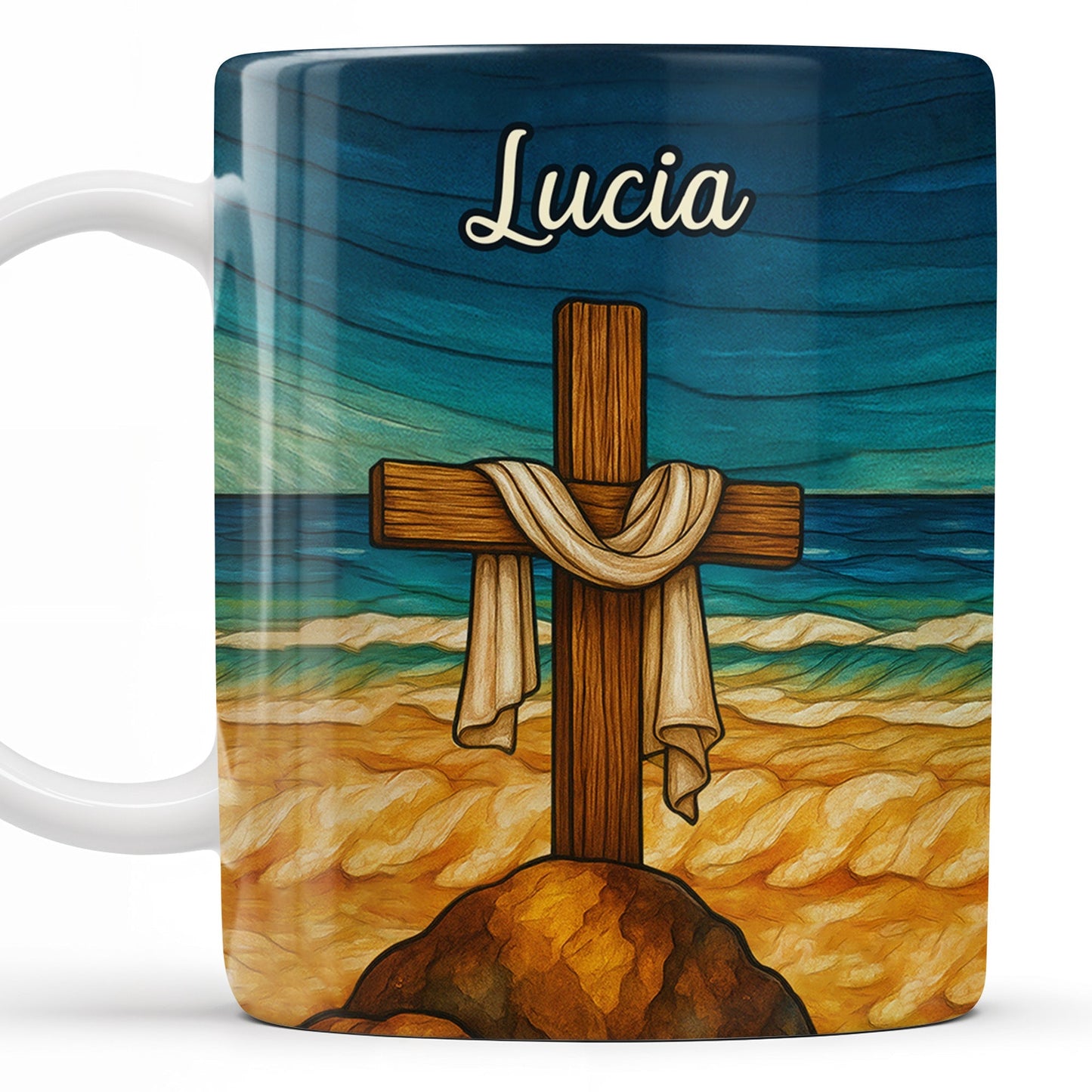 Beautifully Illustrated Cross Draped With Cloth - Personalized Custom Coffee Mug - FTH058_MG