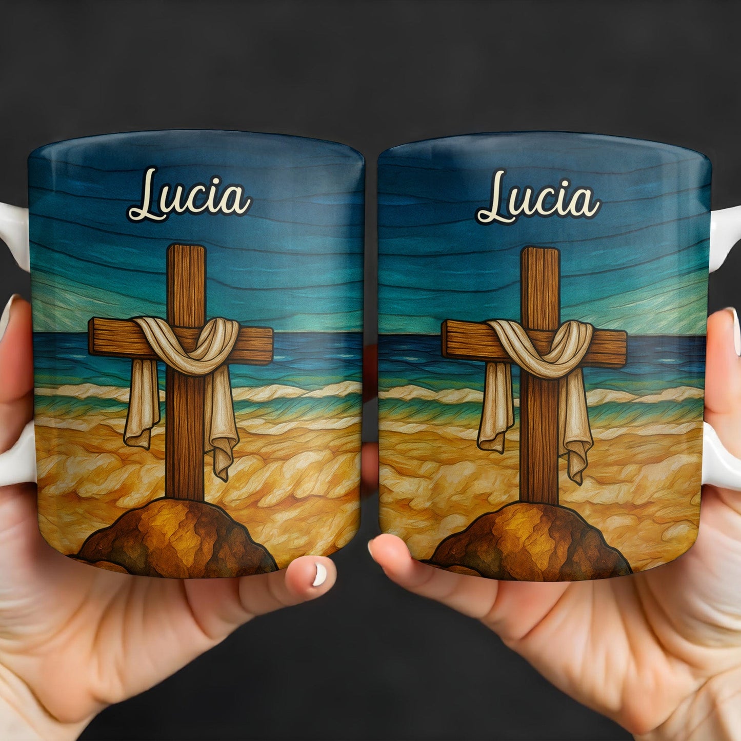 Beautifully Illustrated Cross Draped With Cloth - Personalized Custom Coffee Mug - FTH058_MG