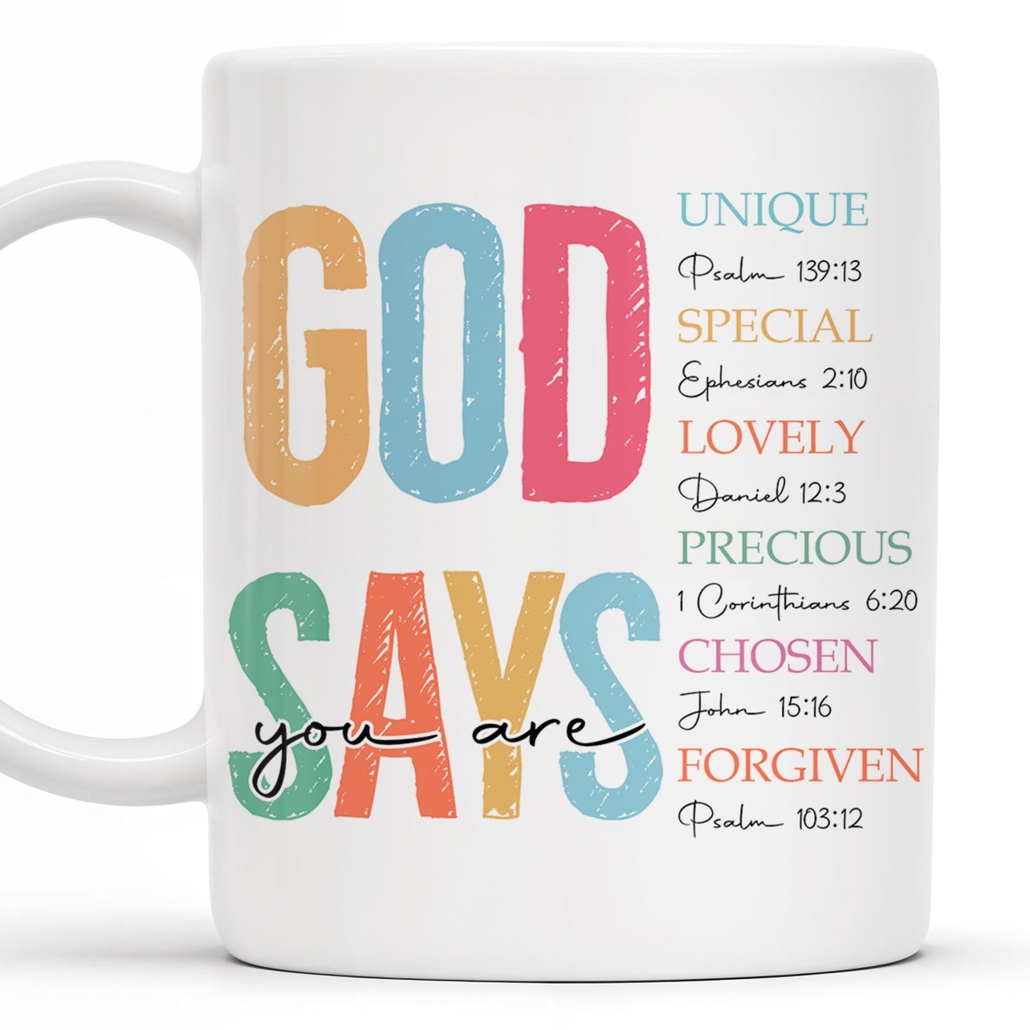 God Says You Are Unique, Special, Lovely, Precious, Chosen, Forgiven - Personalized Custom Coffee Mug - FTH068_MG