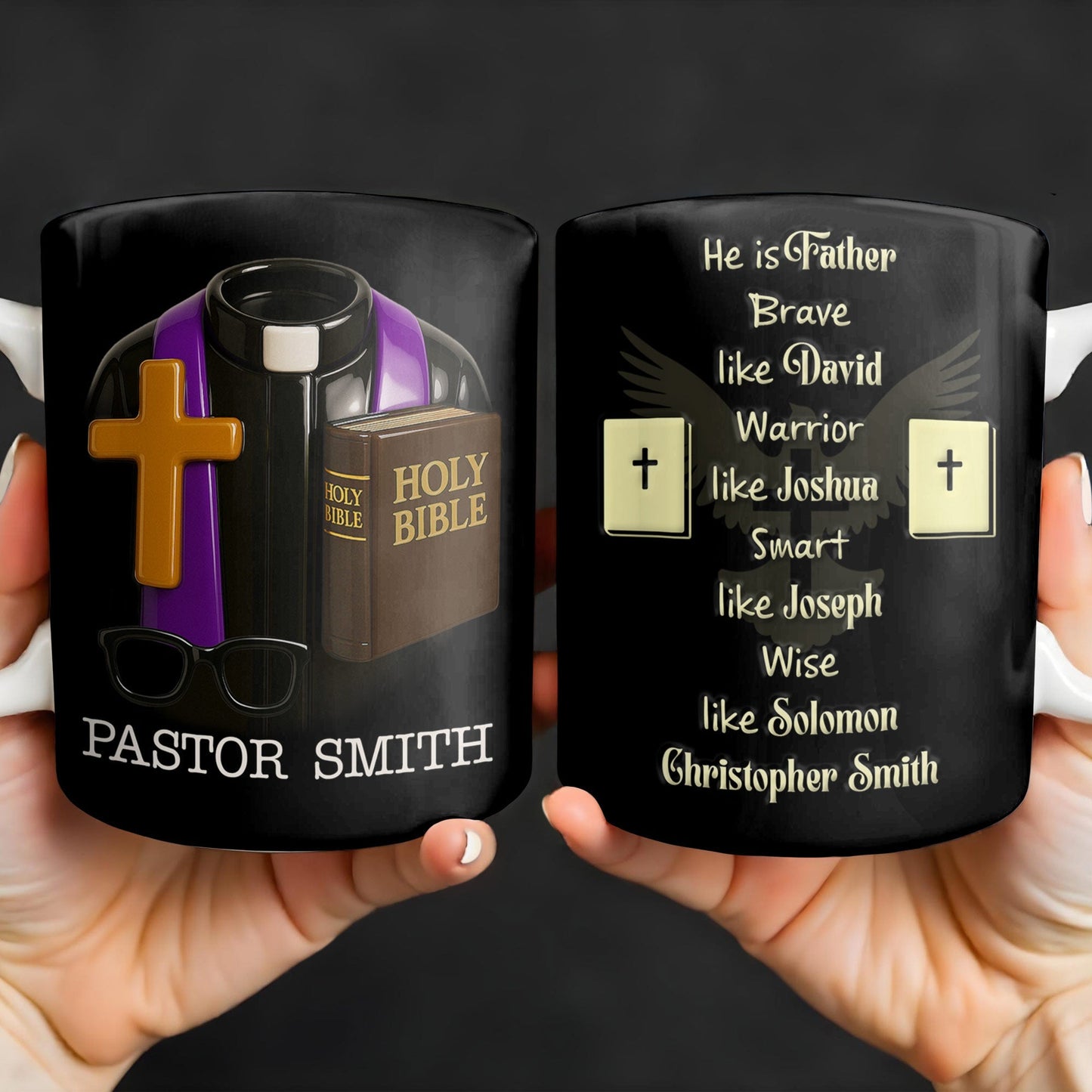 He Is Father Brave Like David, Warrior Like Joshua, Smart Like Joseph, Wise Like Solomon, Cross and Bible - Personalized Custom Coffee Mug - FTH071_MG