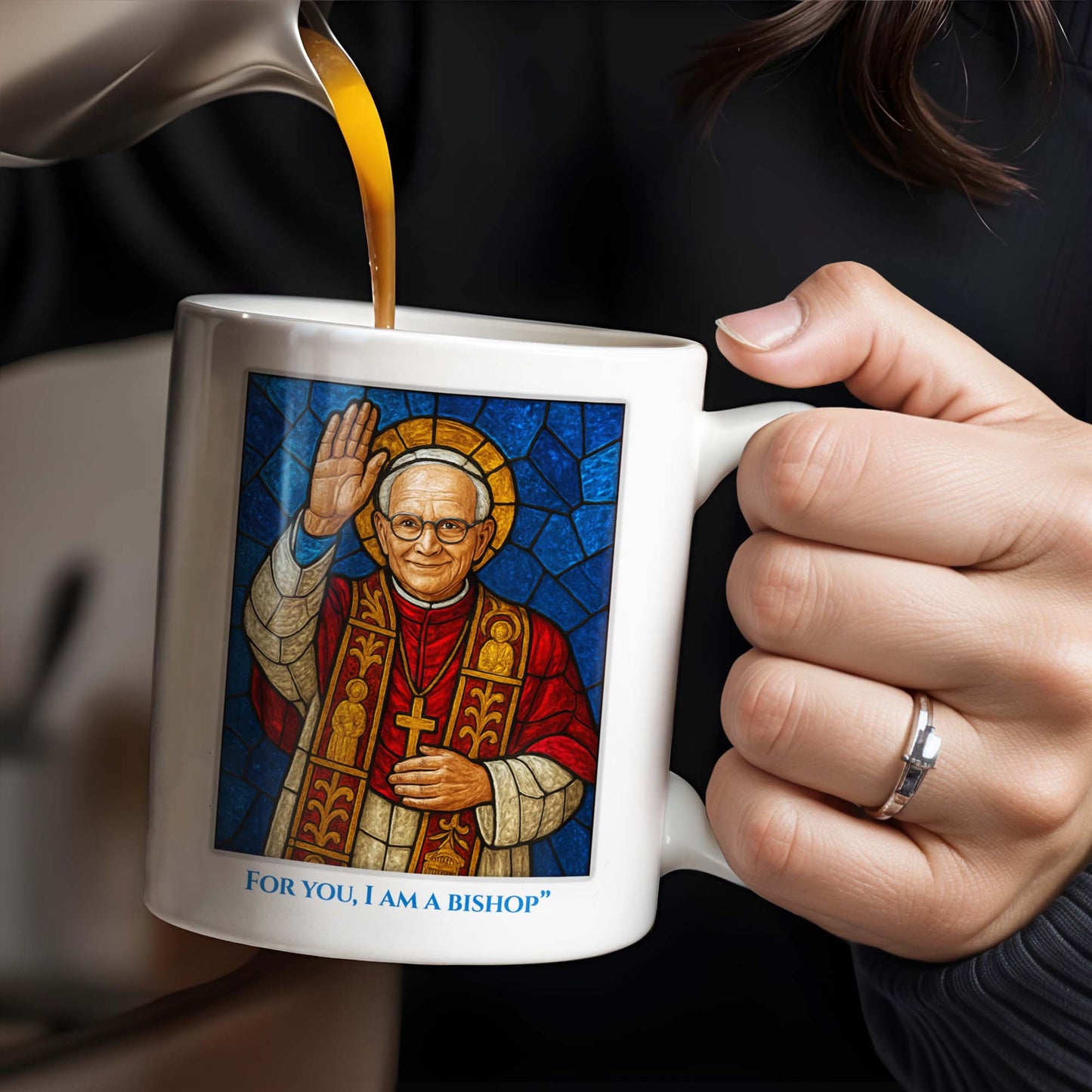 With You I Am A Christian, For You, I Am a Bishop, Stained Glass Bishop Design - Personalized Custom Coffee Mug - FTH082_MG